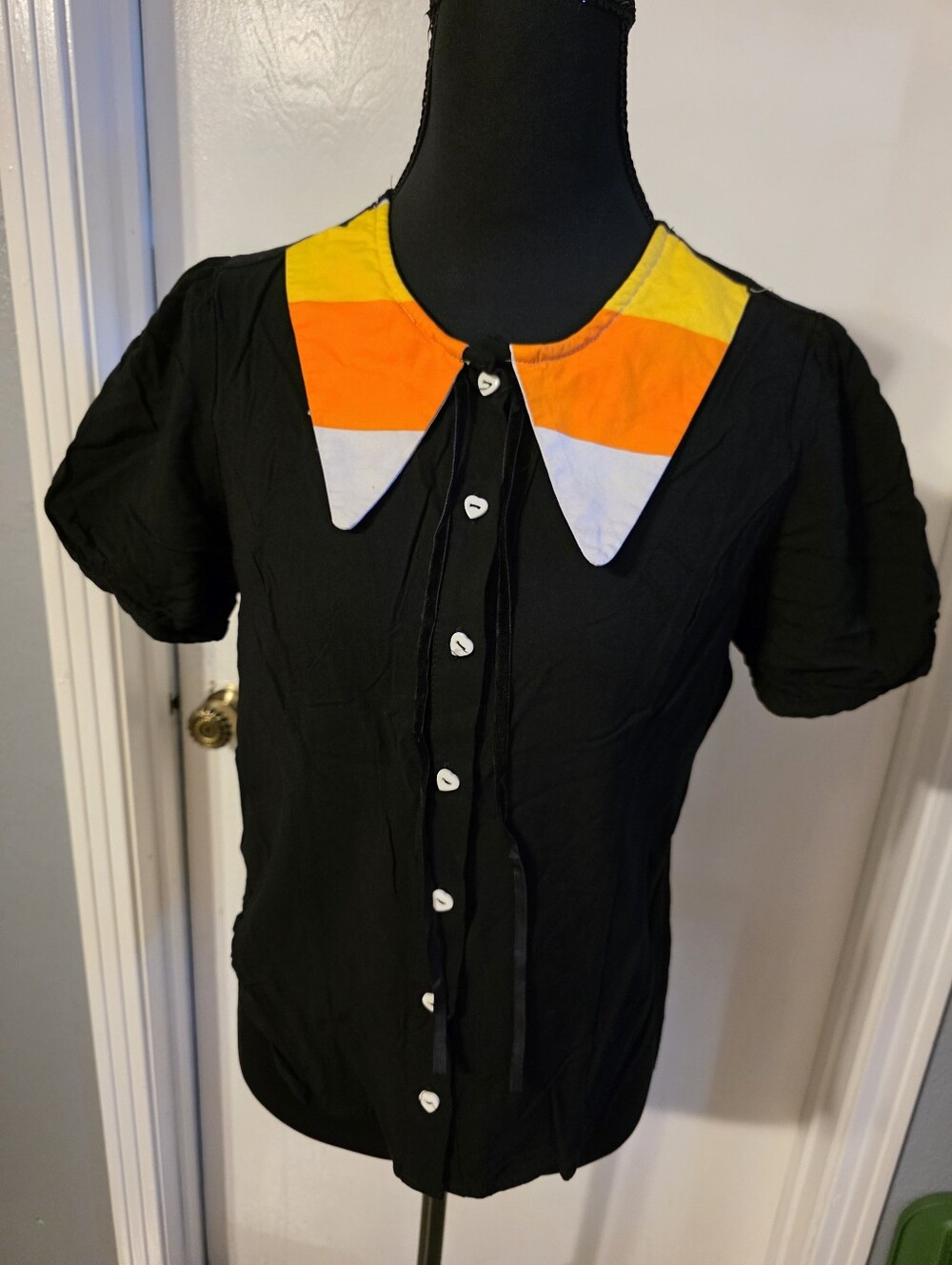 Black Women's Button-Front Top with Candy Corn Collar